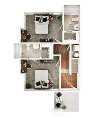 A 3D image of the 2BR/2BA – Sugarberry – Standard floorplan, a 1031 squarefoot, 2 bed / 2 bath unit