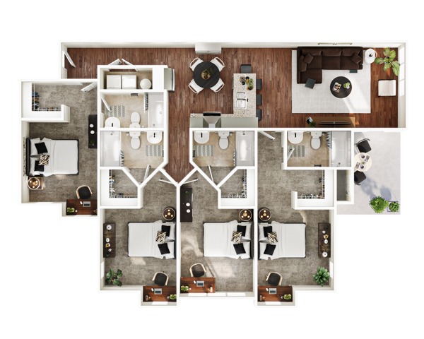 A 3D image of the 4BR/4BA – Magnolia – Standard floorplan, a 1580 squarefoot, 4 bed / 4 bath unit