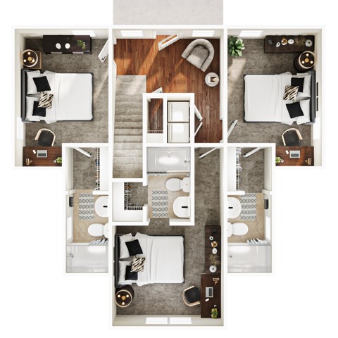 A 3D image of the 3BR/3BA – Loblolly – Standard floorplan, a 1305 squarefoot, 3 bed / 3 bath unit