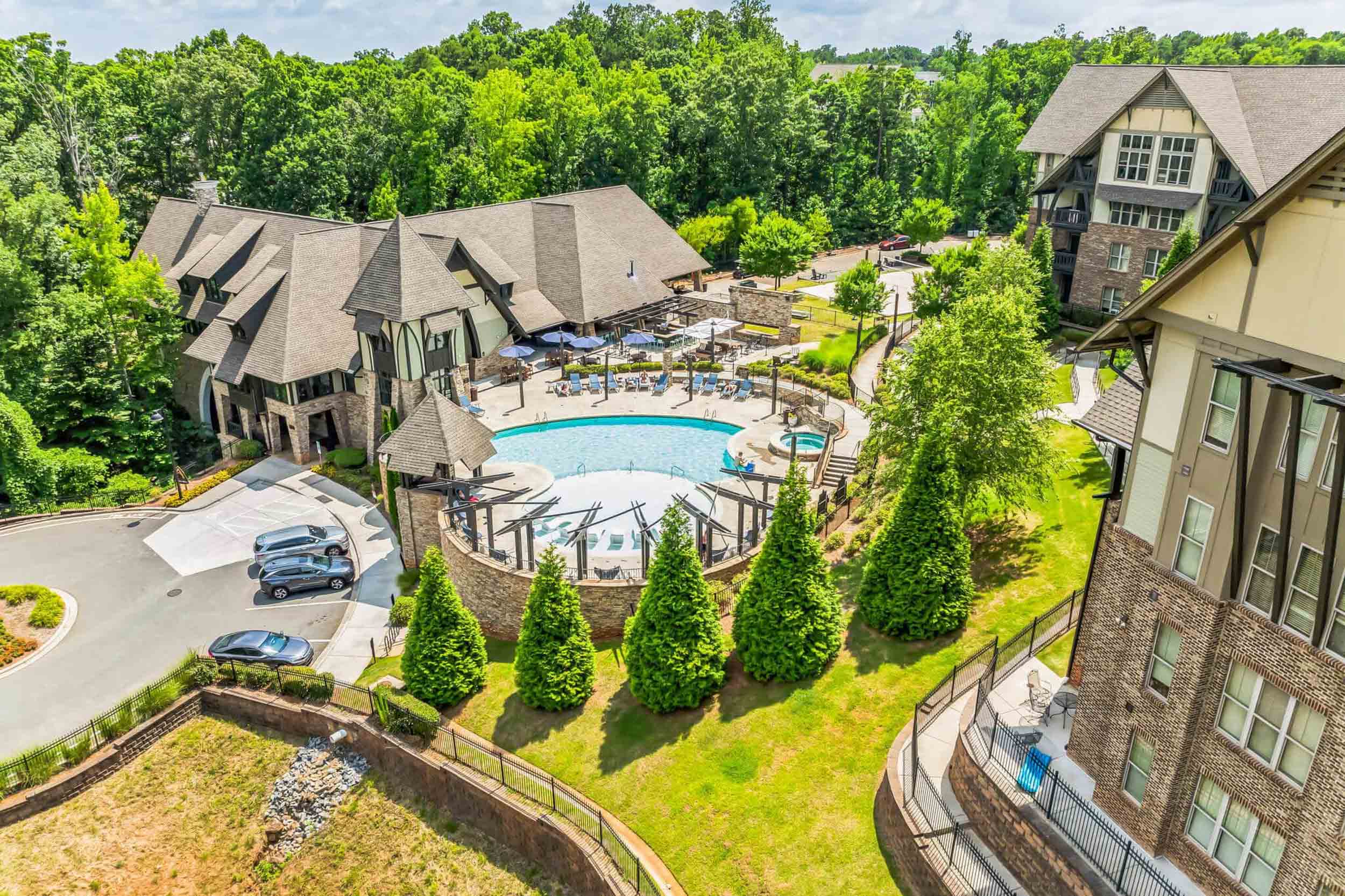 Aerial view of Arcadia apartments and pool courtyard