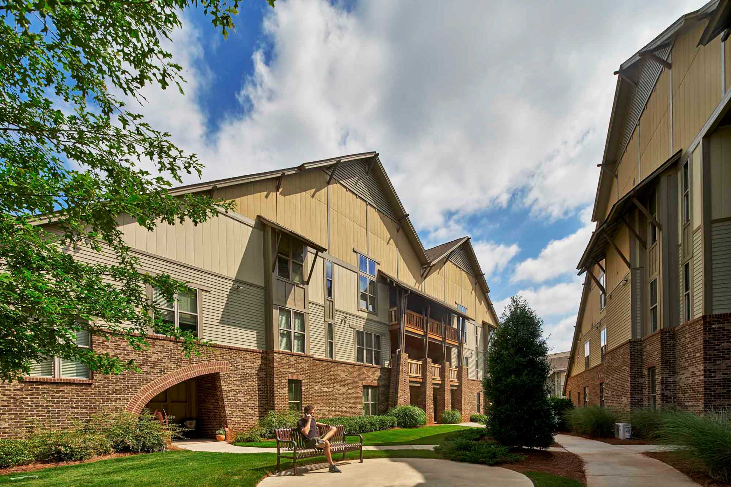 Outdoor courtyard area next to apartments