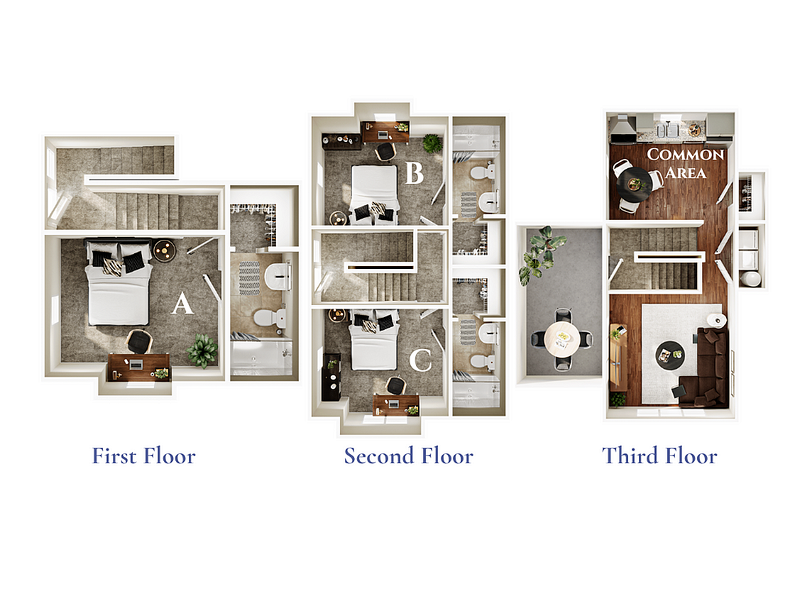 A 3D image of the 3BR/3BA – Chestnut – Standard floorplan, a 1339 squarefoot, 3 bed / 3 bath unit