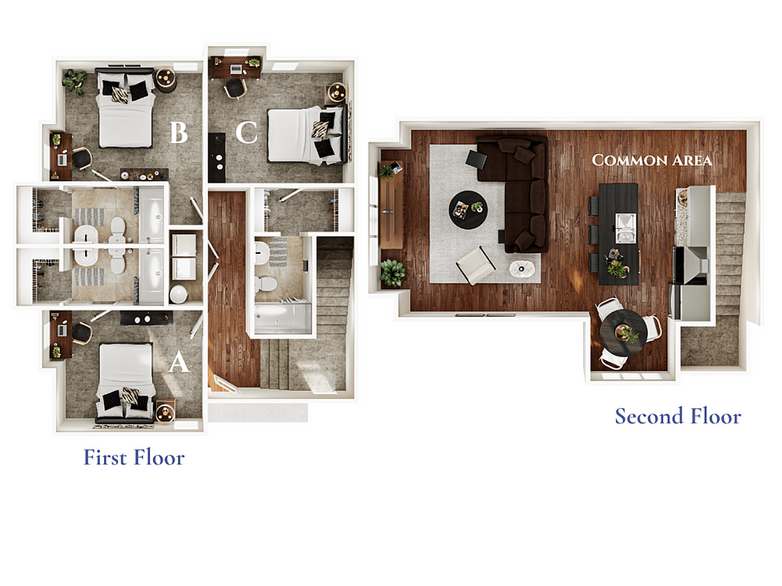 A 3D image of the 3BR/3BA – Poplar – Standard floorplan, a 1430 squarefoot, 3 bed / 3 bath unit