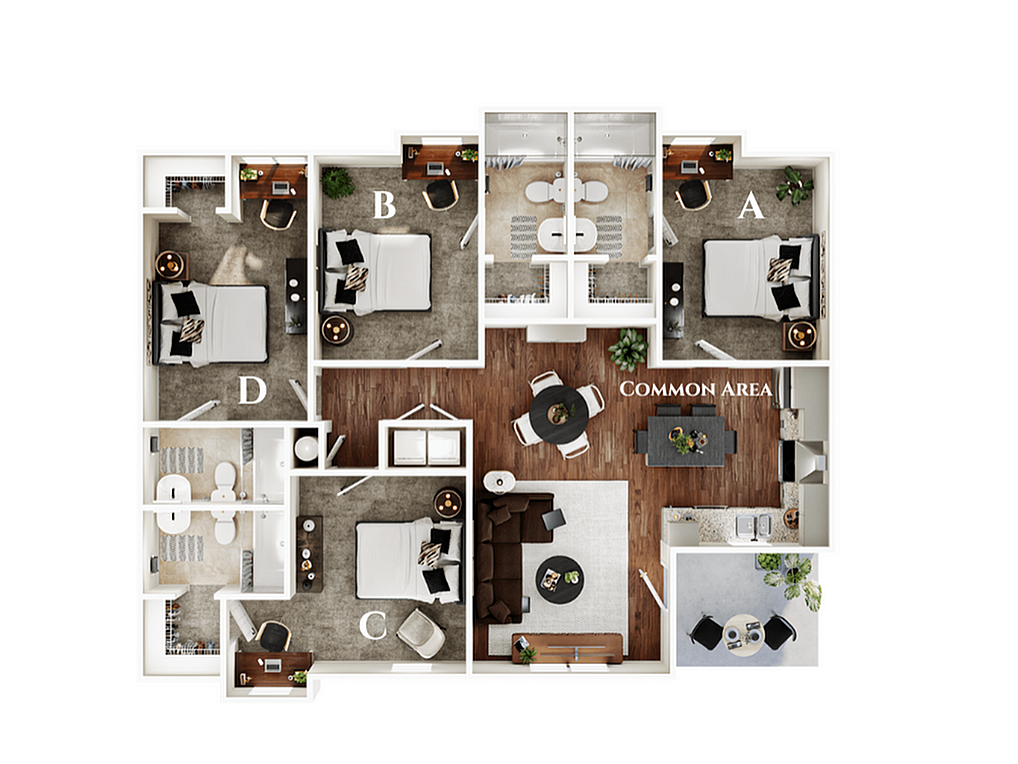 A 3D image of the 4BR/4BA – Dogwood – Standard floorplan, a 1435 squarefoot, 4 bed / 4 bath unit