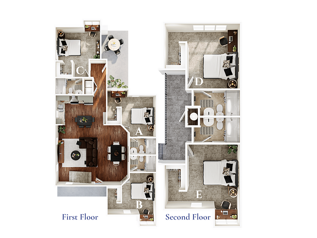 A 3D image of the 5BR/5BA – Spruce – Standard floorplan, a 2117 squarefoot, 5 bed / 5 bath unit