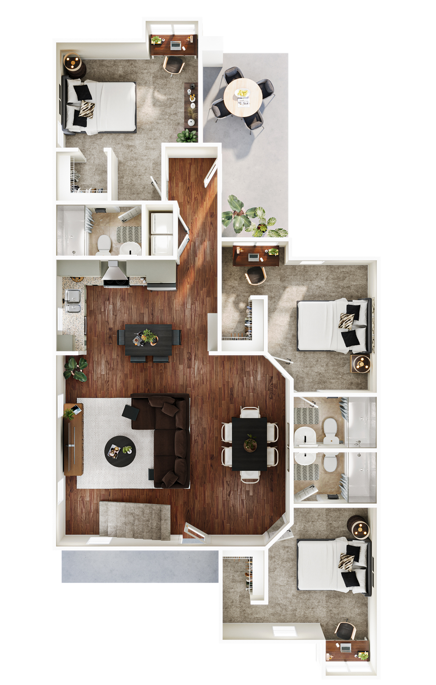 A 3D image of the 5BR/5BA – Spruce – Standard floorplan, a 2117 squarefoot, 5 bed / 5 bath unit