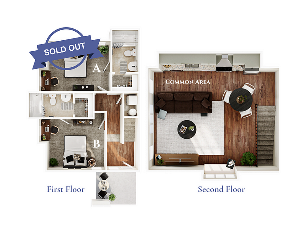 A 3D image of the 2BR/2BA – Laurel – Standard floorplan, a 1153 squarefoot, 2 bed / 2 bath unit