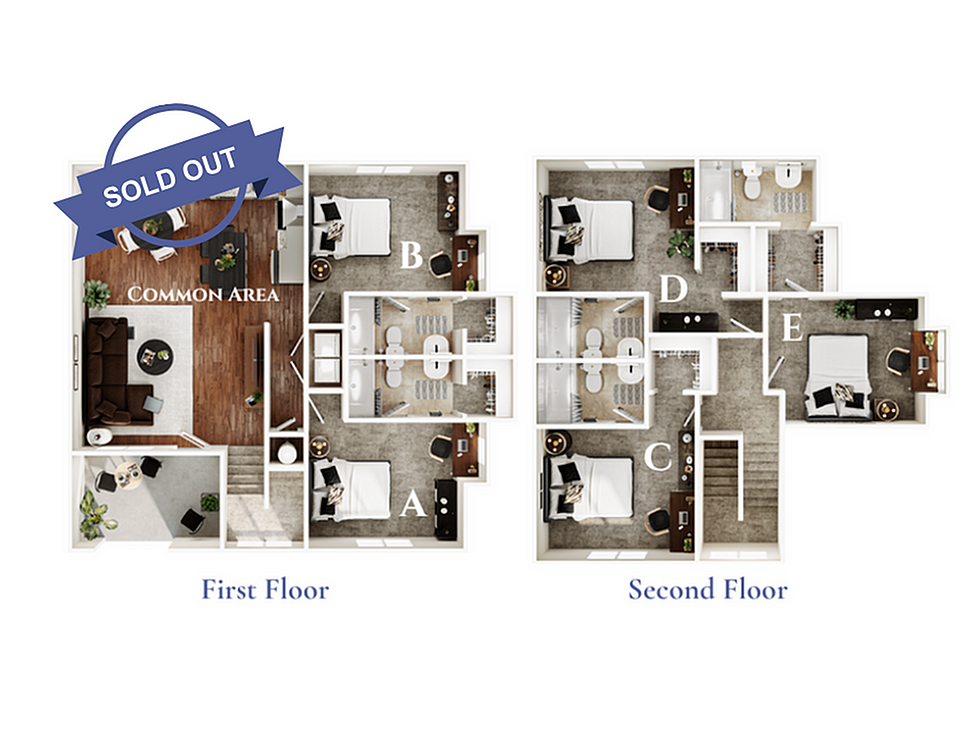 A 3D image of the 5BR/5BA – Blackwood Standard floorplan, a 1900 squarefoot, 5 bed / 5 bath unit