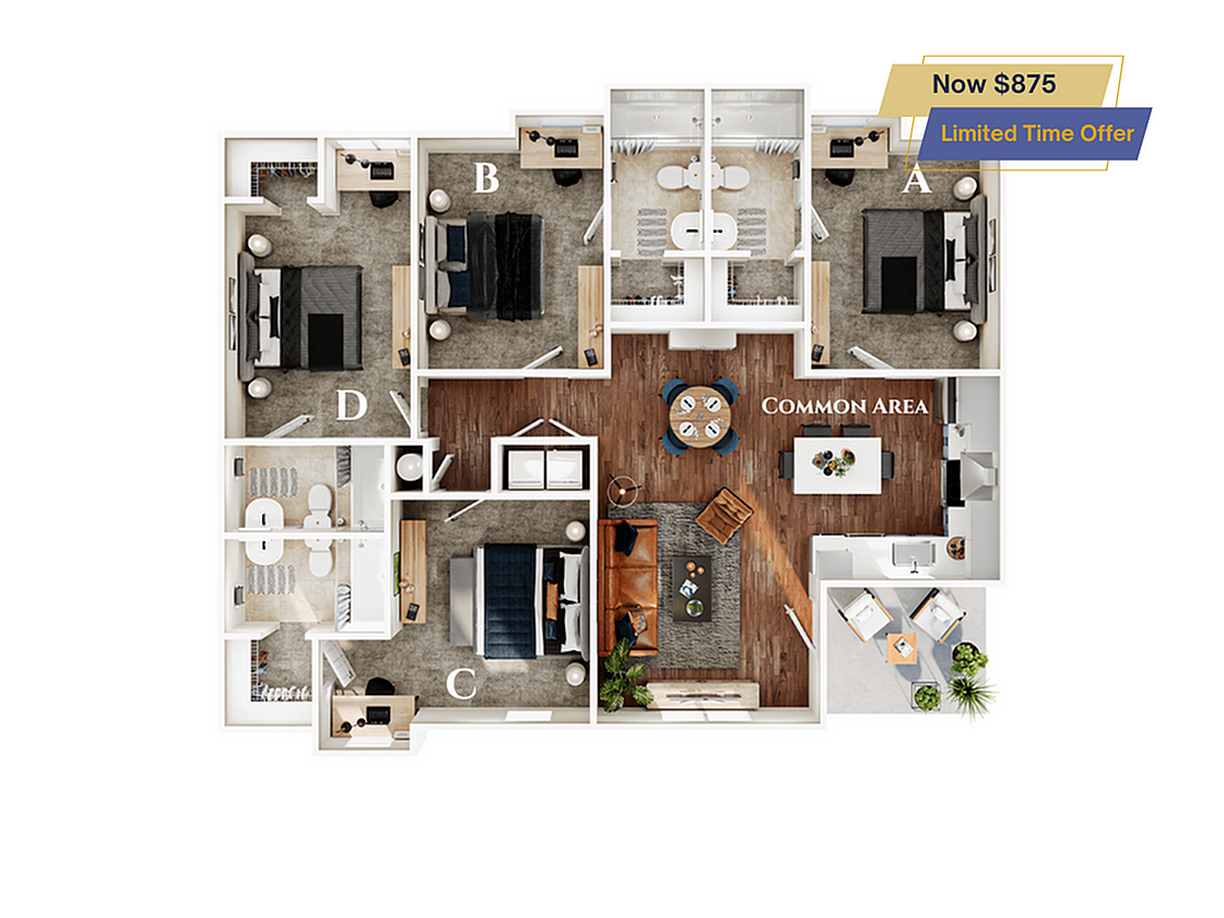 A 3D image of the 4BR/4BA – Dogwood – Elite floorplan, a 1435 squarefoot, 4 bed / 4 bath unit