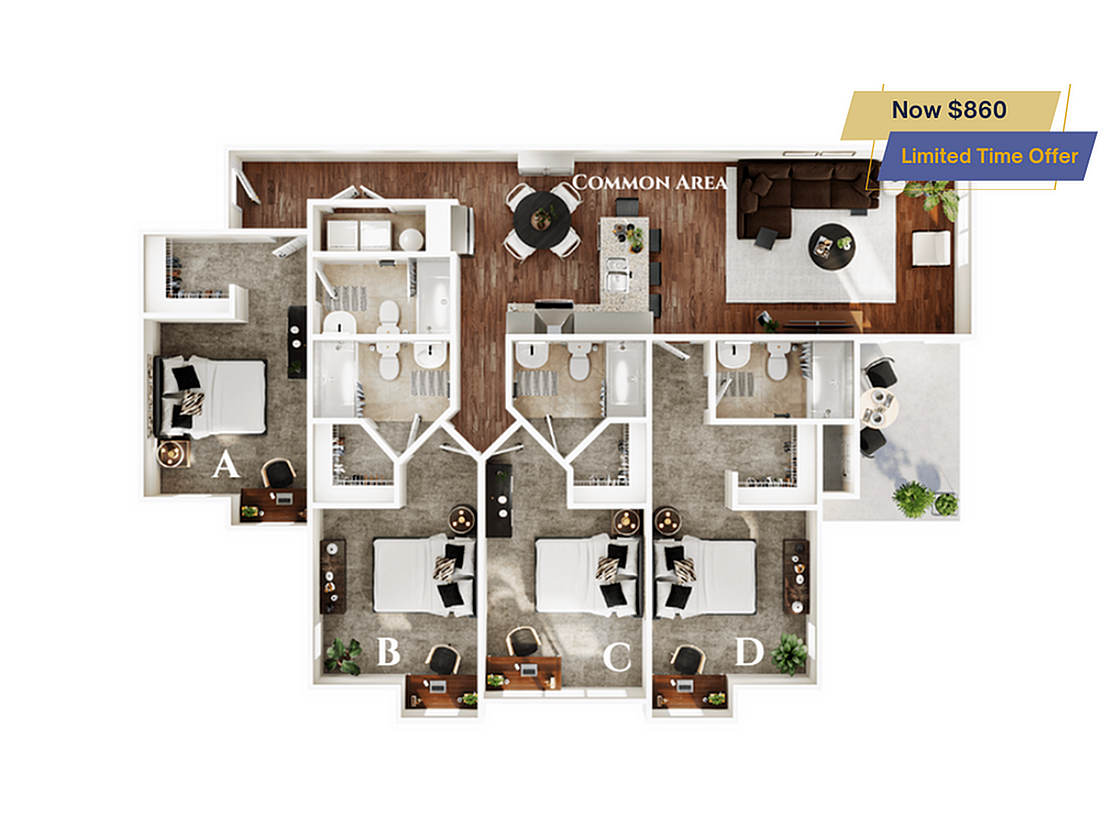 A 3D image of the 4BR/4BA – Magnolia – Standard floorplan, a 1580 squarefoot, 4 bed / 4 bath unit