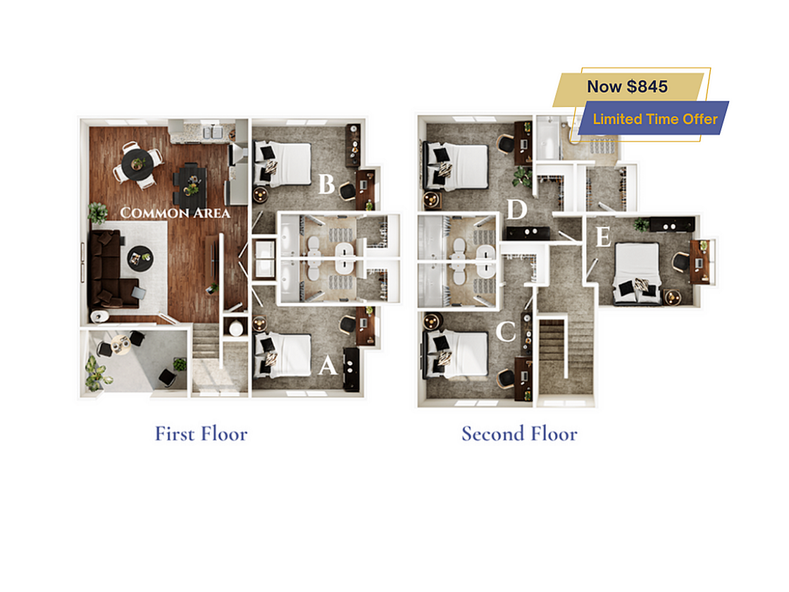 A 3D image of the 5BR/5BA – Ash – Standard floorplan, a 1952 squarefoot, 5 bed / 5 bath unit