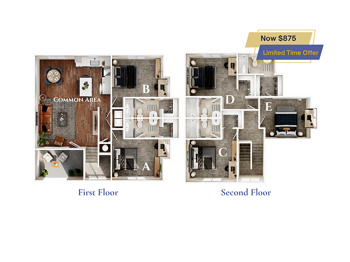 A 3D image of the 5BR/5BA – Blackwood – Elite floorplan, a 1900 squarefoot, 5 bed / 5 bath unit