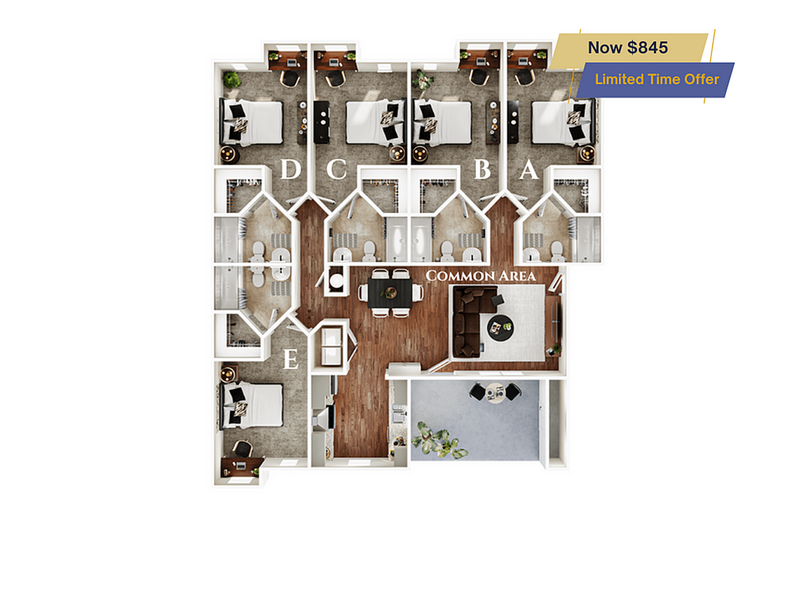 A 3D image of the 5BR/5BA – Cottonwood – Standard floorplan, a 1801 squarefoot, 5 bed / 5 bath unit