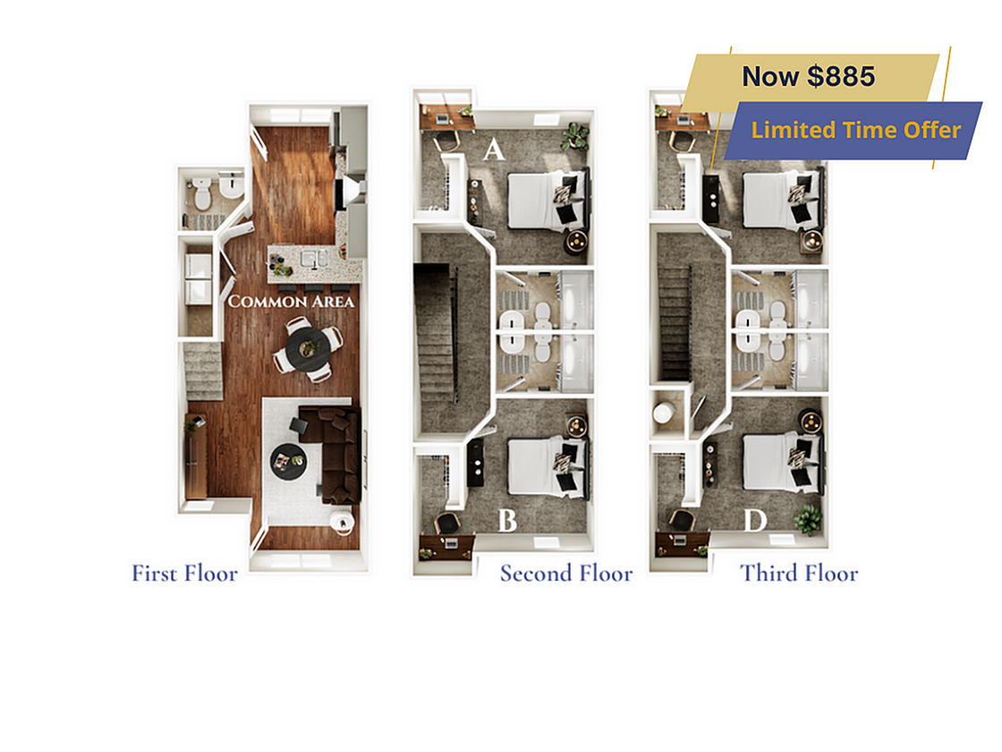 A 3D image of the 4BR/4.5BA – Primrose – Standard floorplan, a 1802 squarefoot, 4 bed / 4.5 bath unit