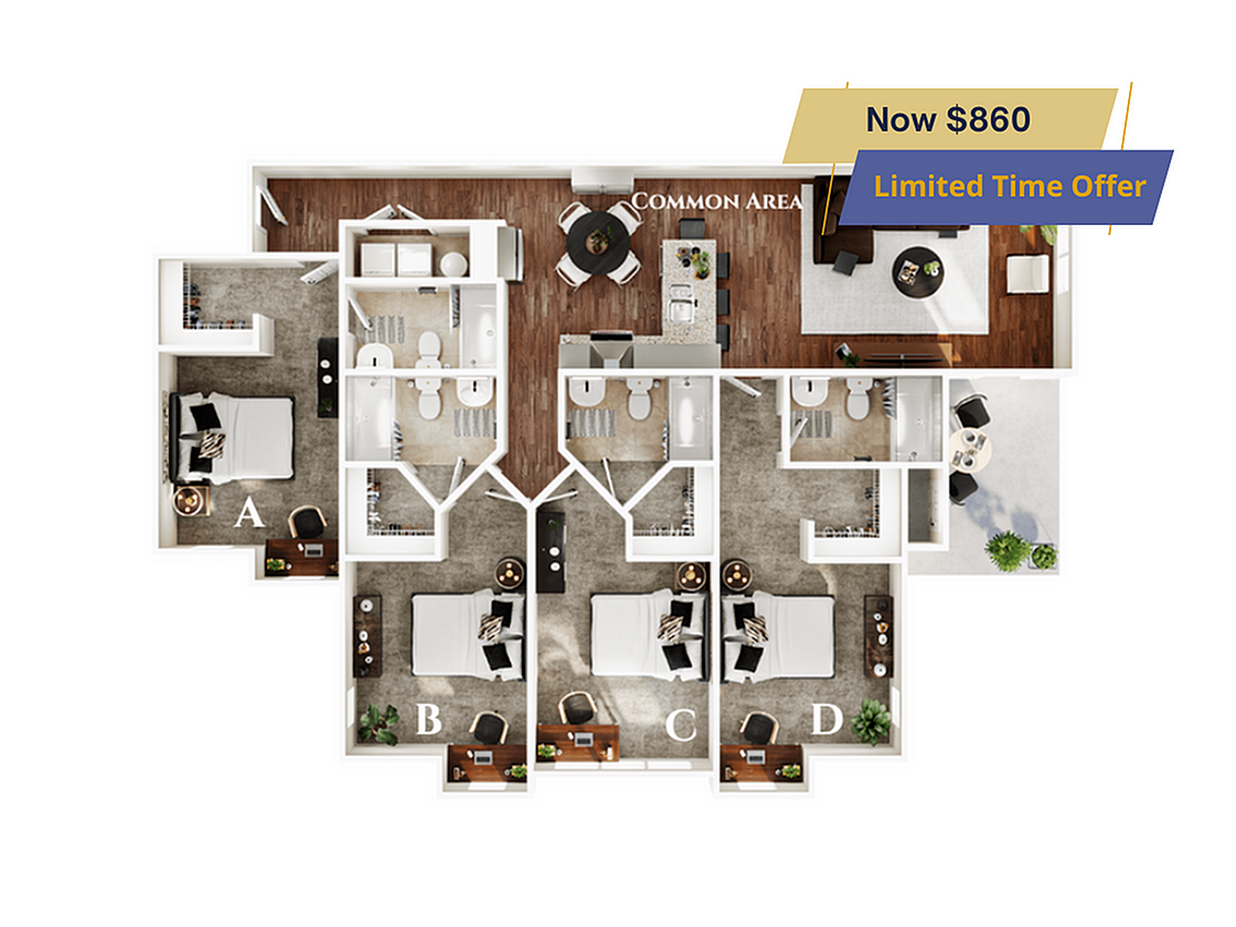 A 3D image of the 4BR/4BA – Magnolia – Standard floorplan, a 1580 squarefoot, 4 bed / 4 bath unit