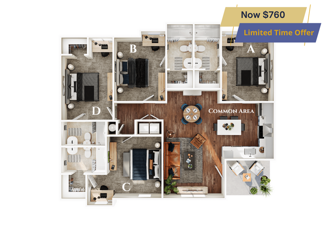 A 3D image of the 4BR/4BA – Dogwood – Elite floorplan, a 1435 squarefoot, 4 bed / 4 bath unit