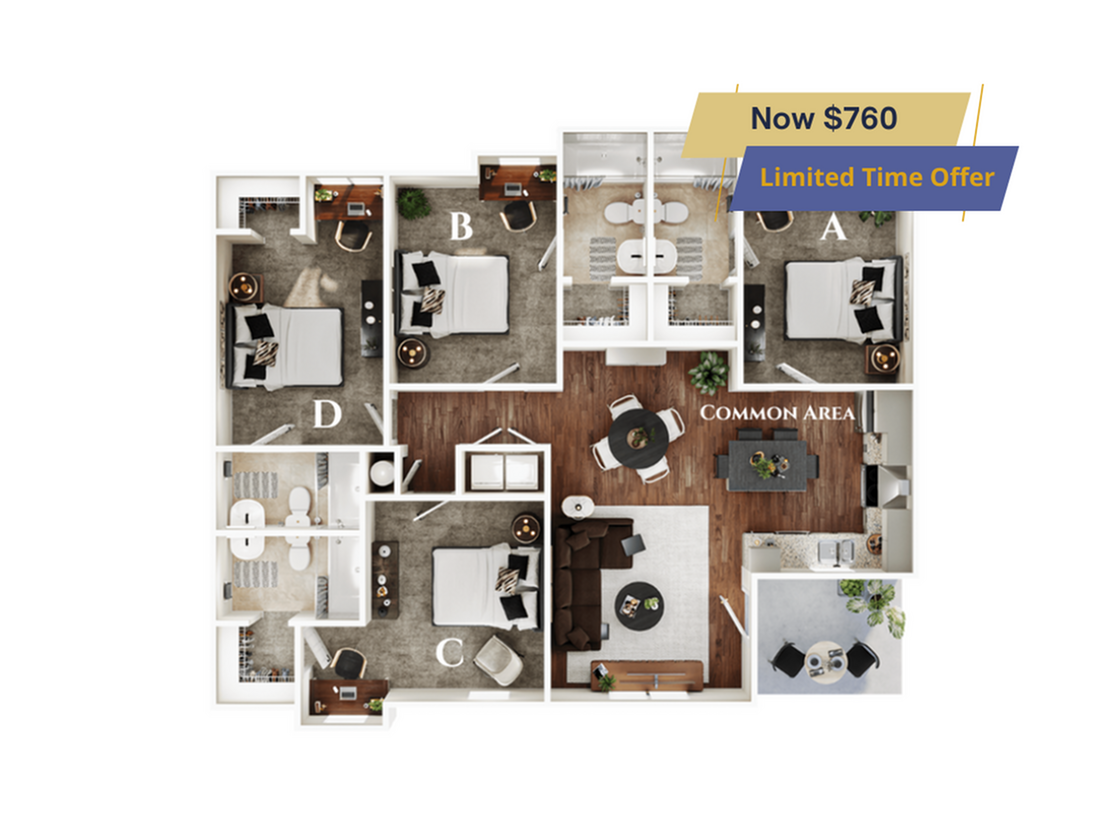 A 3D image of the 4BR/4BA – Dogwood – Standard floorplan, a 1435 squarefoot, 4 bed / 4 bath unit