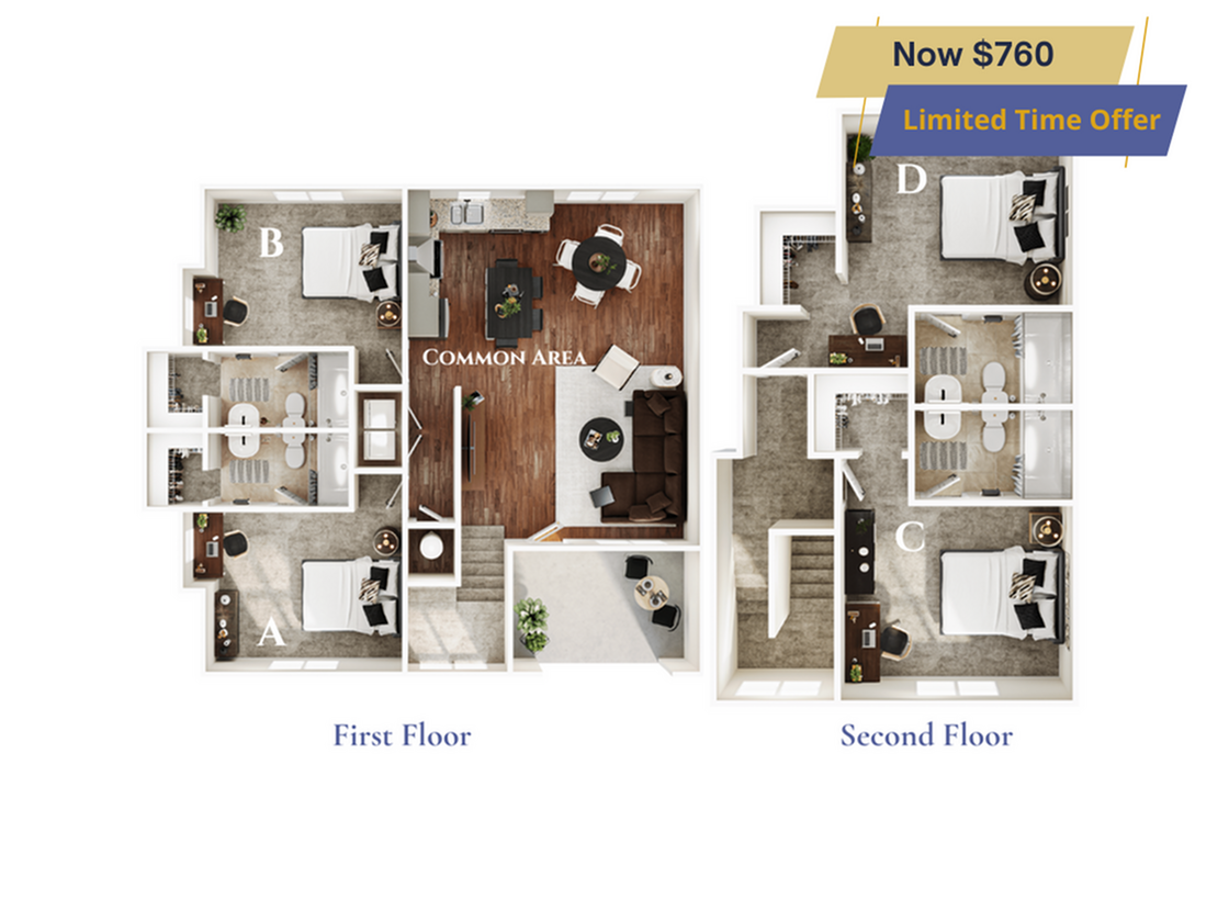 A 3D image of the 4BR/4BA – Willow – Standard floorplan, a 1712 squarefoot, 4 bed / 4 bath unit