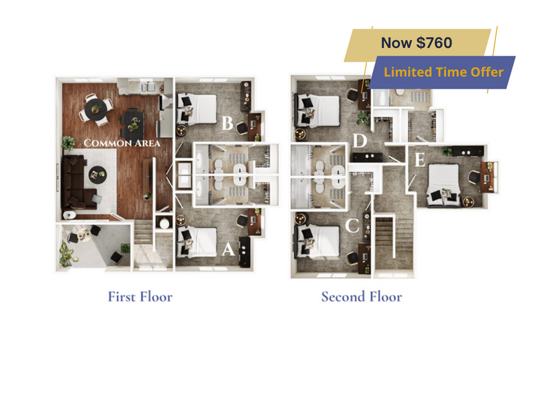 A 3D image of the 5BR/5BA – Ash – Standard floorplan, a 1952 squarefoot, 5 bed / 5 bath unit