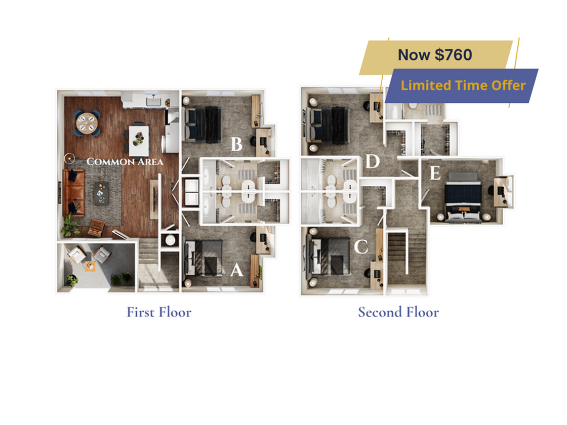 A 3D image of the 5BR/5BA – Blackwood – Elite floorplan, a 1900 squarefoot, 5 bed / 5 bath unit