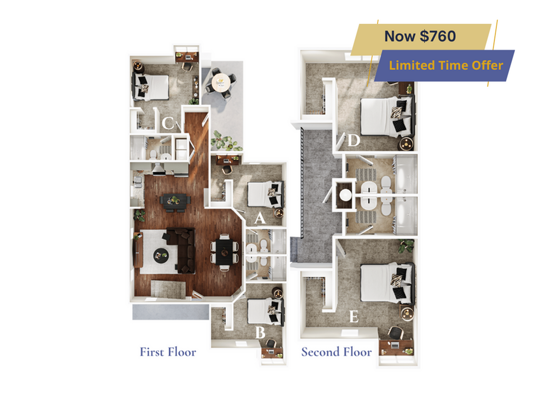 A 3D image of the 5BR/5BA – Spruce – Standard floorplan, a 2117 squarefoot, 5 bed / 5 bath unit