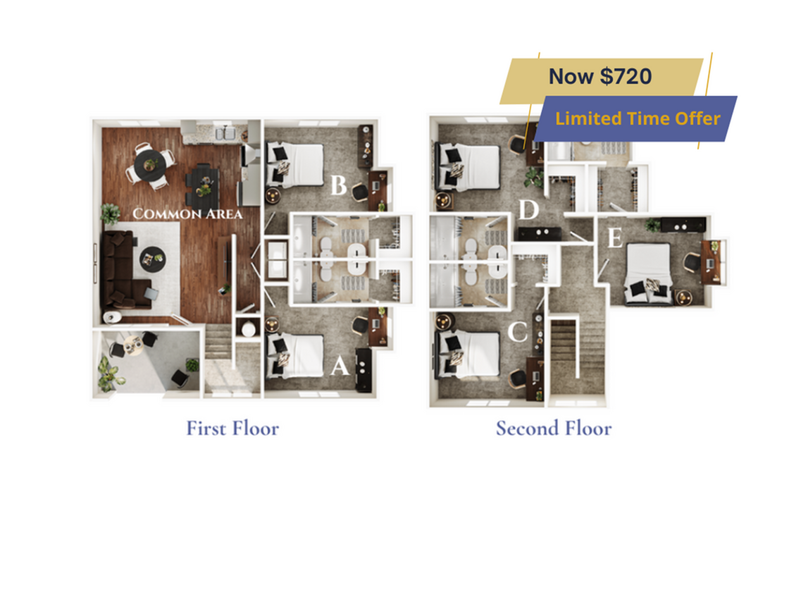 A 3D image of the 5BR/5BA – Blackwood Standard floorplan, a 1900 squarefoot, 5 bed / 5 bath unit