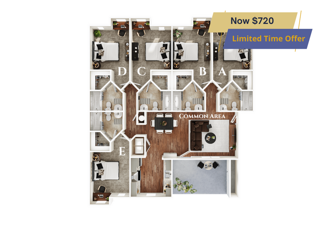 A 3D image of the 5BR/5BA – Cottonwood – Standard floorplan, a 1801 squarefoot, 5 bed / 5 bath unit