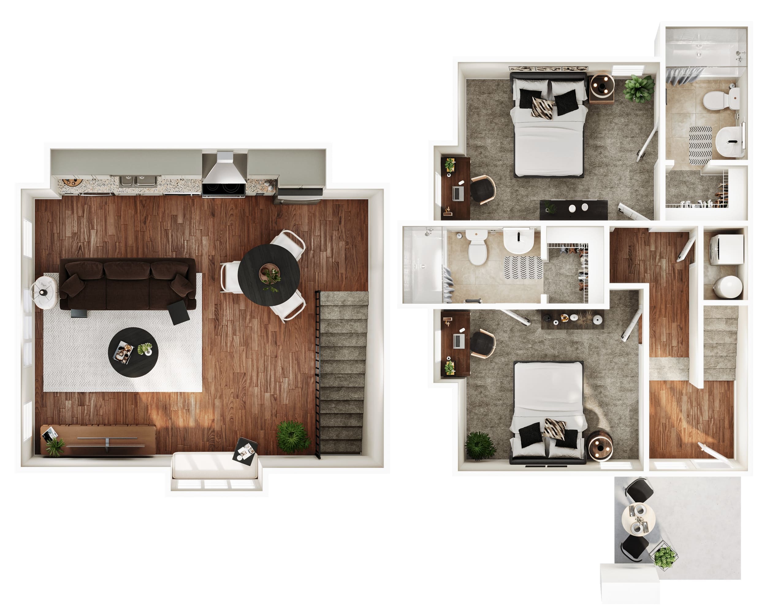 A 3D image of the 2BR/2BA – Sugarberry – Standard floorplan, a 1031 squarefoot, 2 bed / 2 bath unit