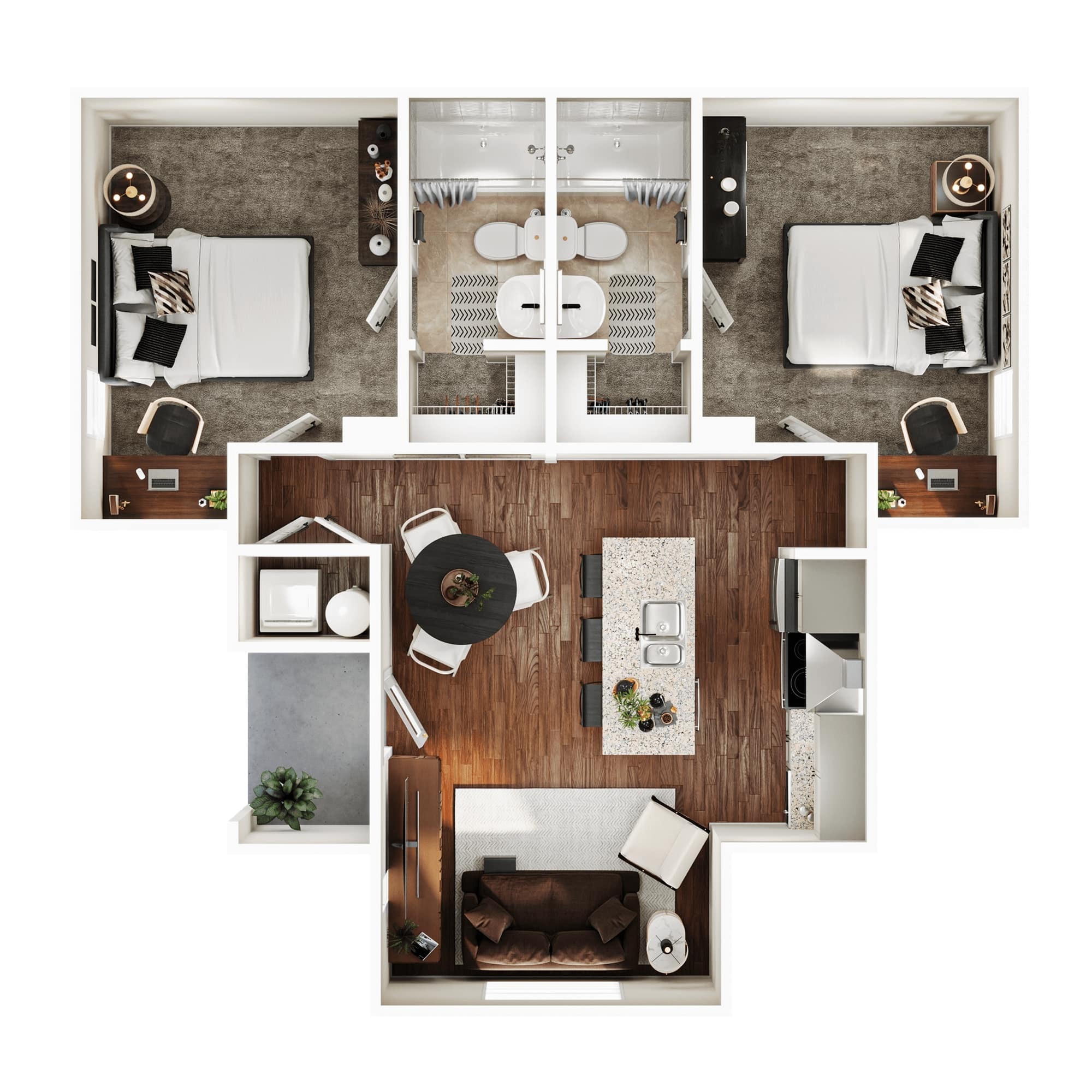 A 3D image of the 2BR/2BA – Sycamore – Standard floorplan, a 950 squarefoot, 2 bed / 2 bath unit