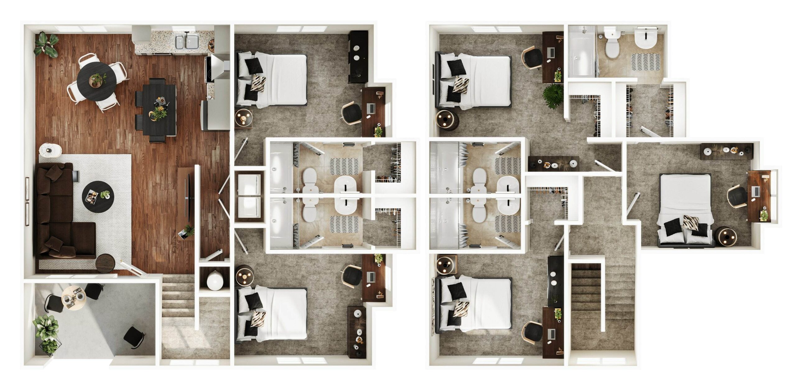 A 3D image of the 5BR/5BA – Ash – Standard floorplan, a 1952 squarefoot, 5 bed / 5 bath unit
