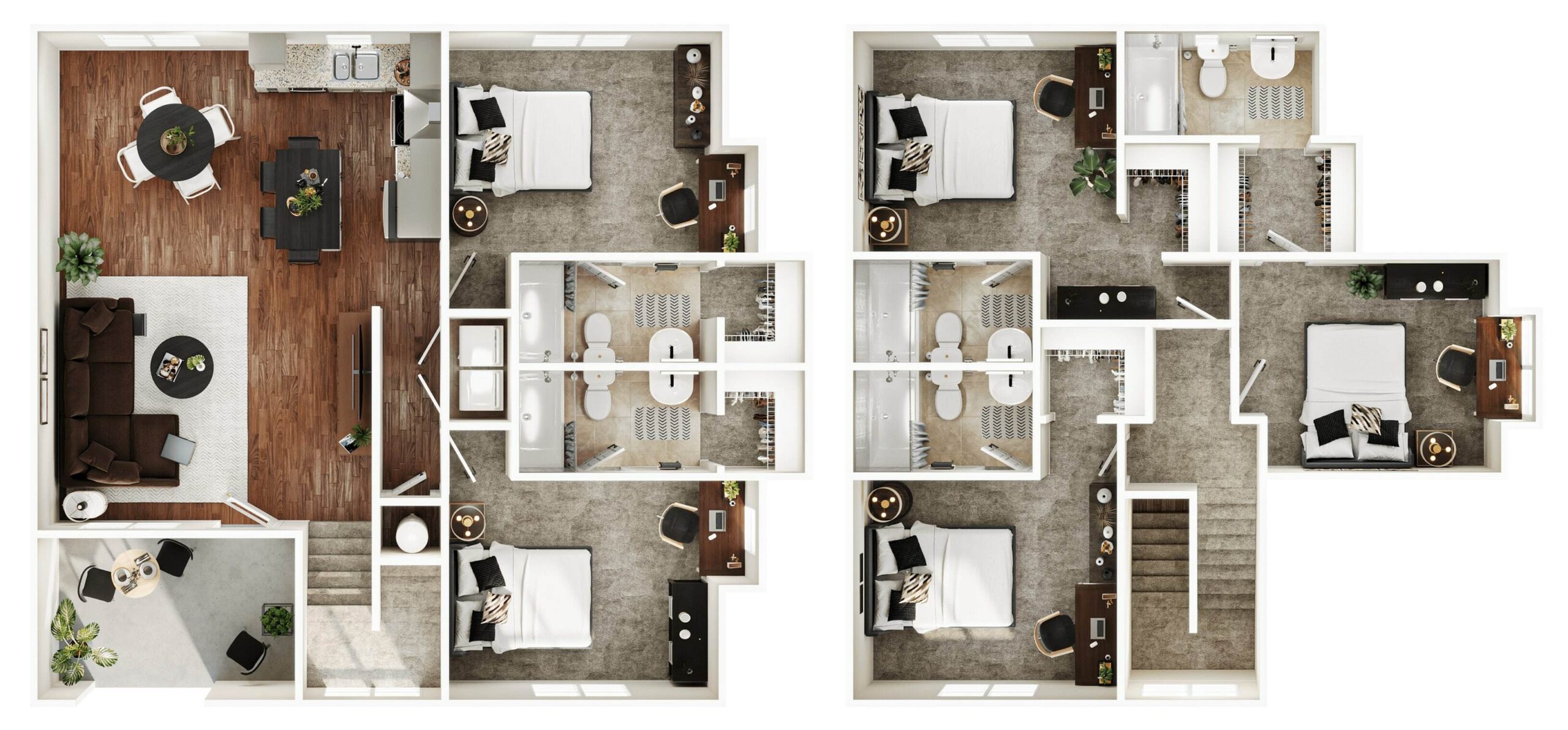 A 3D image of the 5BR/5BA – Blackwood Standard floorplan, a 1900 squarefoot, 5 bed / 5 bath unit