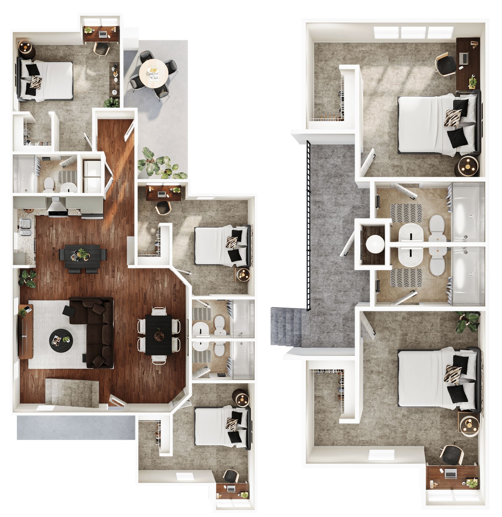 A 3D image of the 5BR/5BA – Spruce – Standard floorplan, a 2117 squarefoot, 5 bed / 5 bath unit