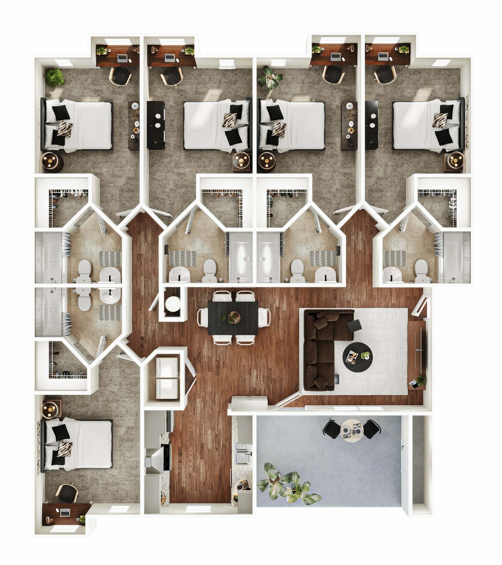 A 3D image of the 5BR/5BA – Cottonwood – Standard floorplan, a 1801 squarefoot, 5 bed / 5 bath unit