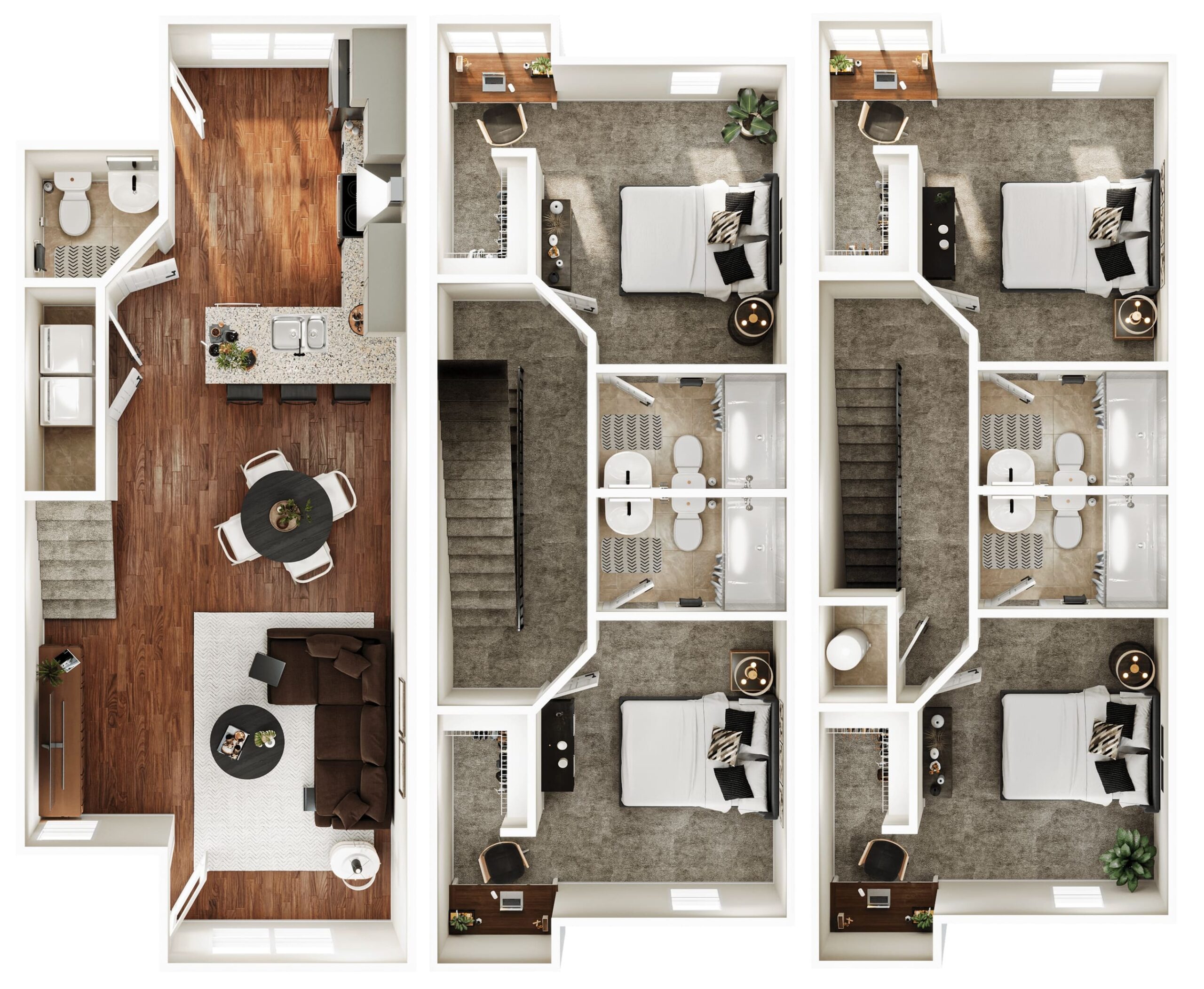 A 3D image of the 4BR/4.5BA – Primrose – Standard floorplan, a 1802 squarefoot, 4 bed / 4.5 bath unit