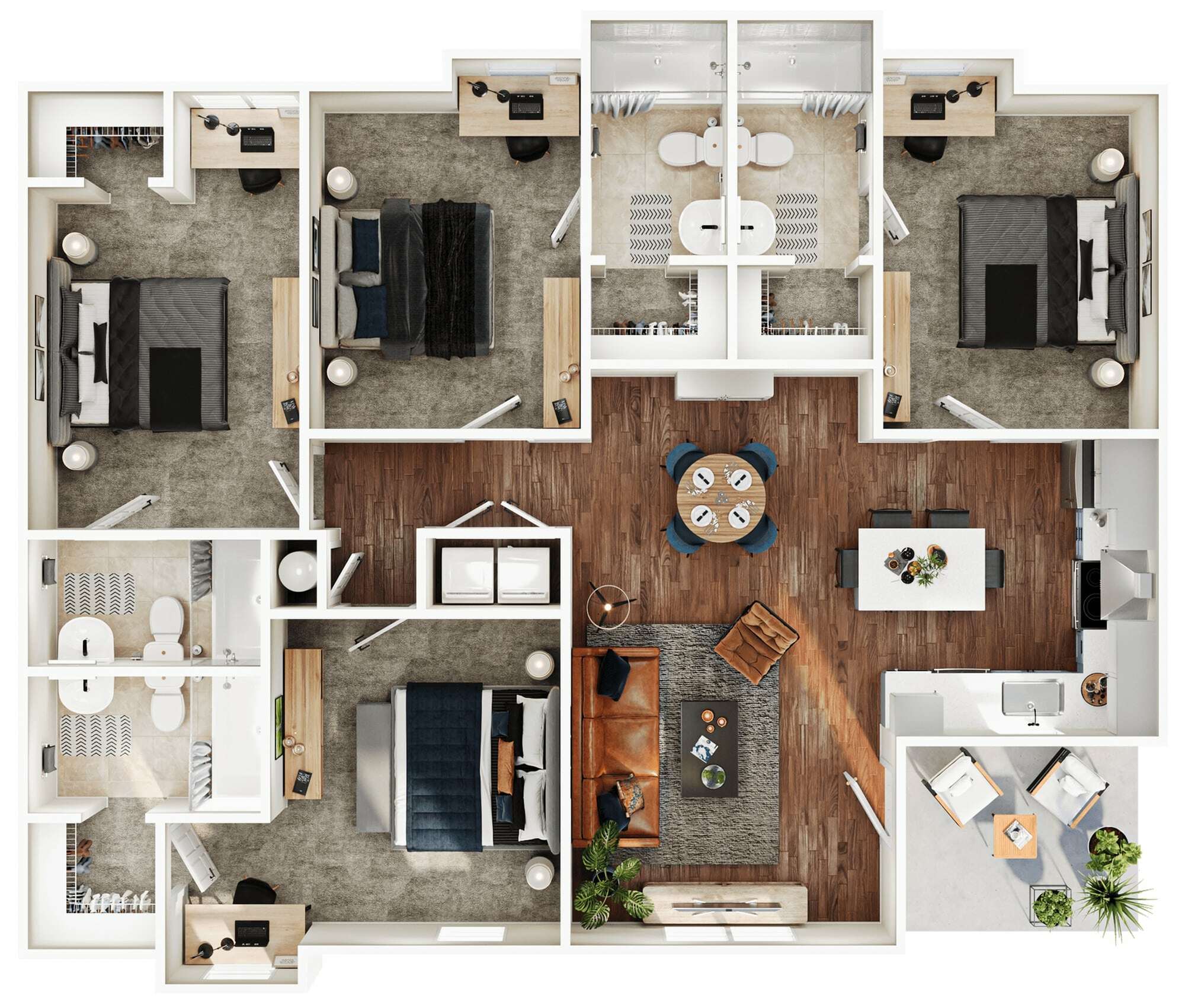 A 3D image of the 4BR/4BA – Dogwood – Elite floorplan, a 1435 squarefoot, 4 bed / 4 bath unit